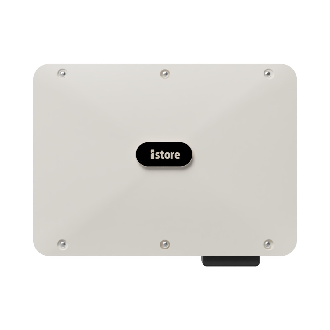 It is a white box with a black logo on it.